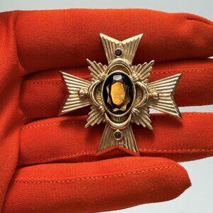 Avon Necklace Pin Vtg Allegro Maltese Cross Amber Glass Gold Tone